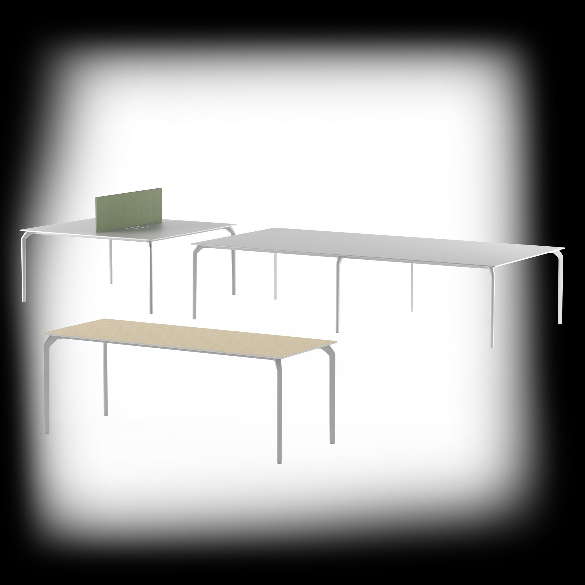 Tec Table Alias: Drei moderne Bürotische in verschiedenen Ausführungen und Größen mit minimalistischem Design.