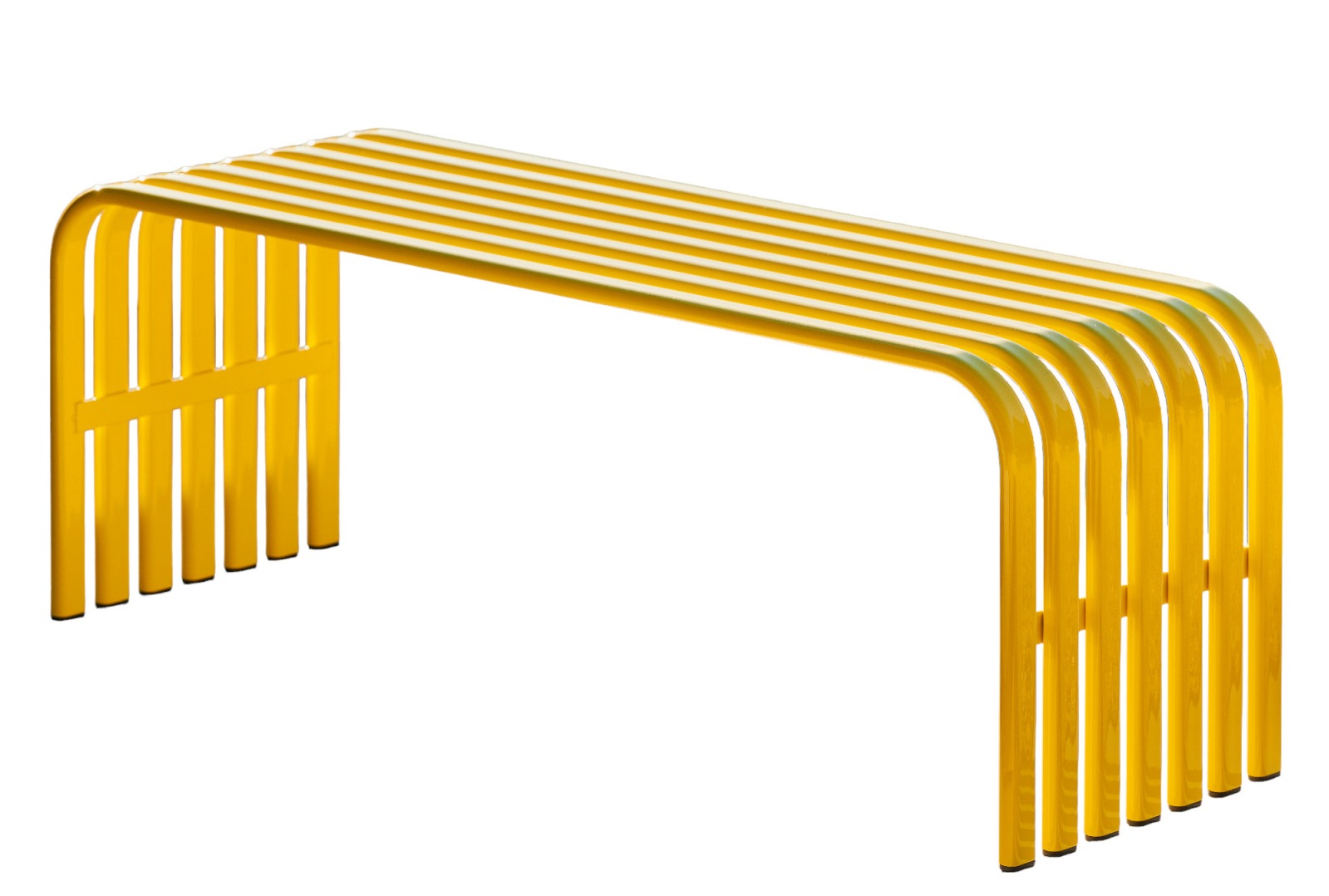 Gelbe Campus Bank von Jan Kurtz für den Außenbereich, moderne Gartenbank aus Metall.