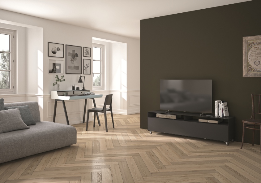 Modernes Wohnzimmer mit R110 Sideboard von Müller Möbelfabrikation in Anthrazit als TV-Möbel.