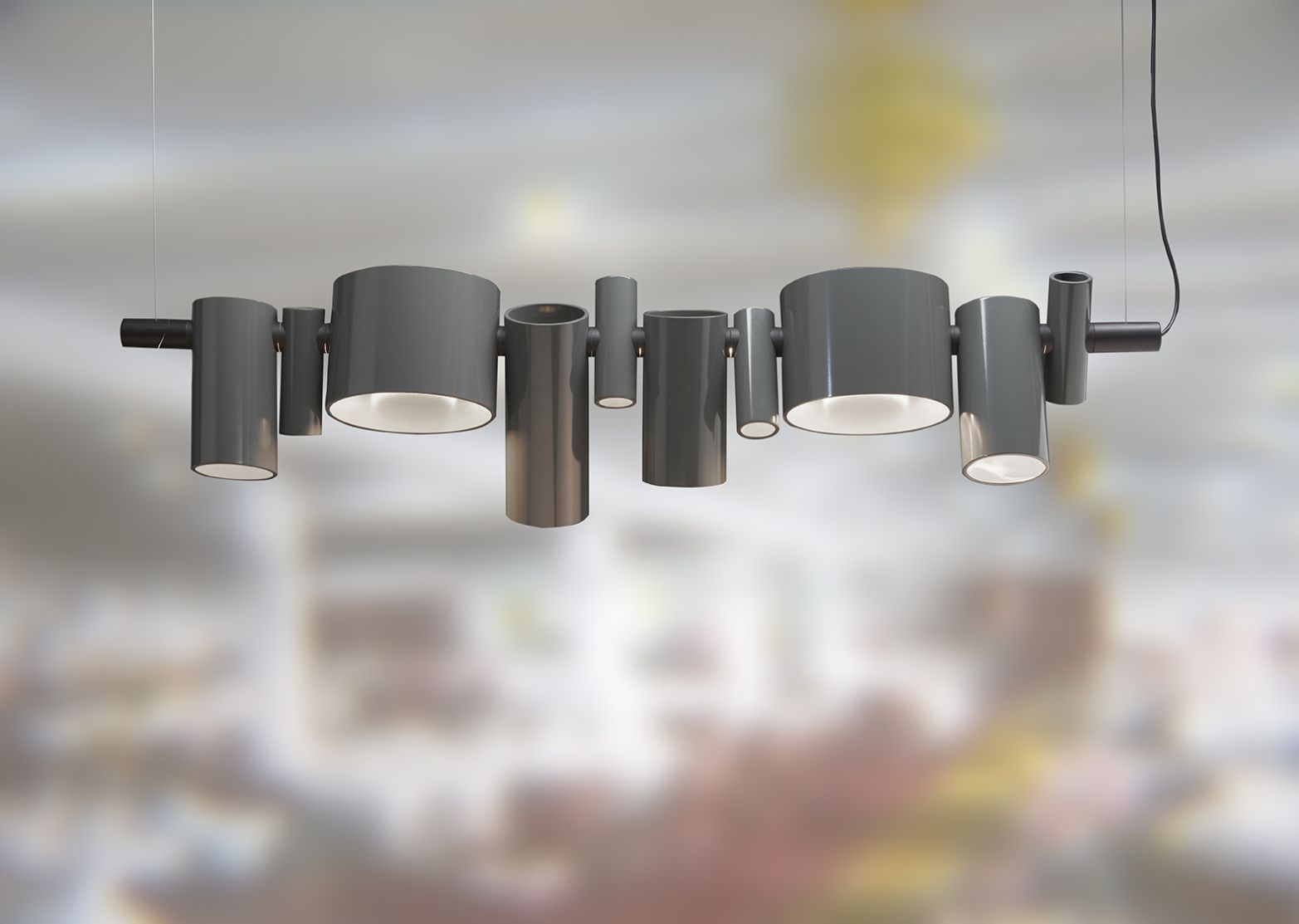 Dancing Queen Hängeleuchte von Oluce: Moderne Pendelleuchte mit zylindrischen Lampenschirmen in Grau. Design Lampe für Wohnzimmer.