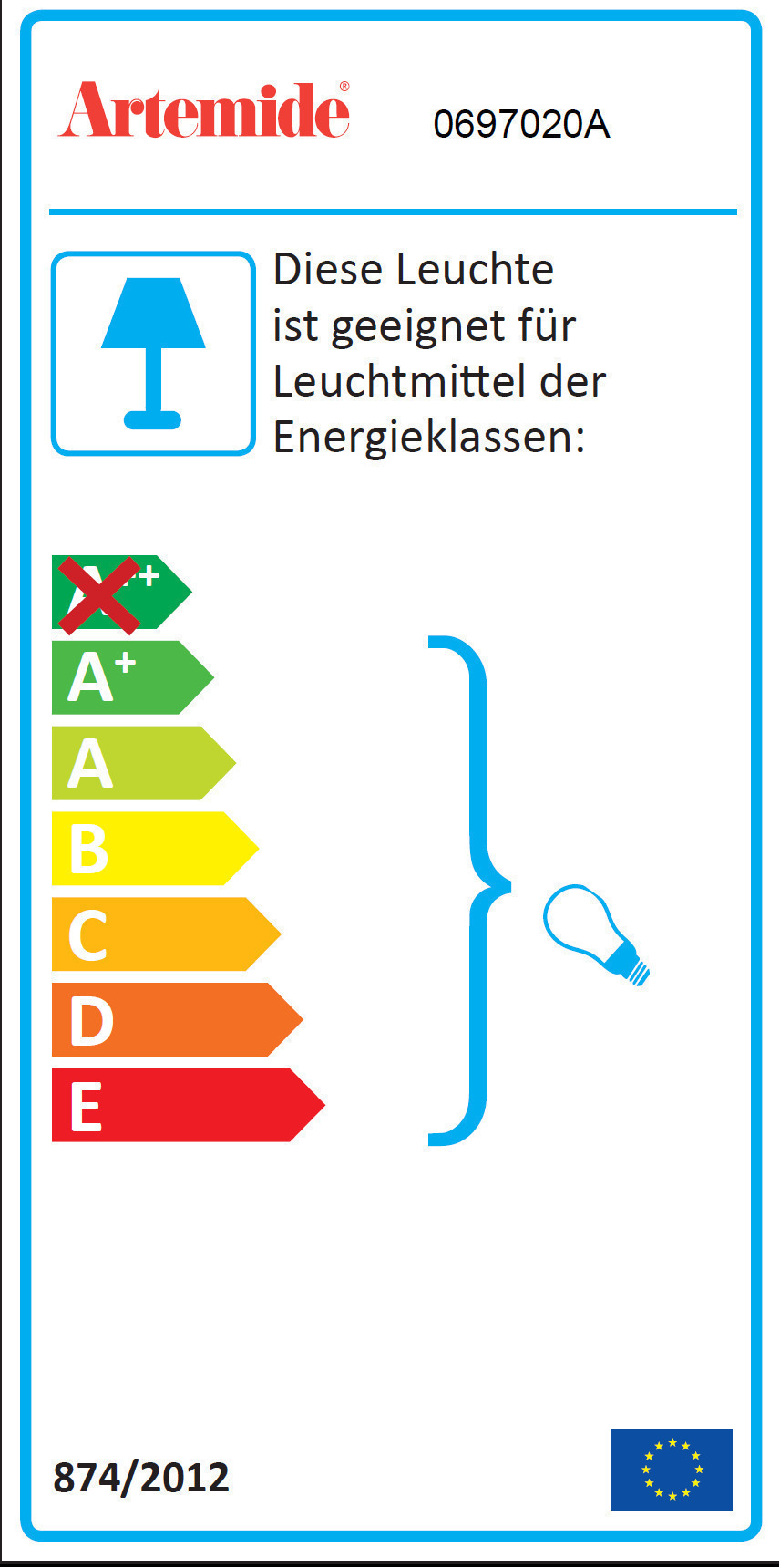Energieeffizienzlabel für Artemide Logico Pendelleuchte, geeignet für Leuchtmittel der Energieklassen A+ bis E.