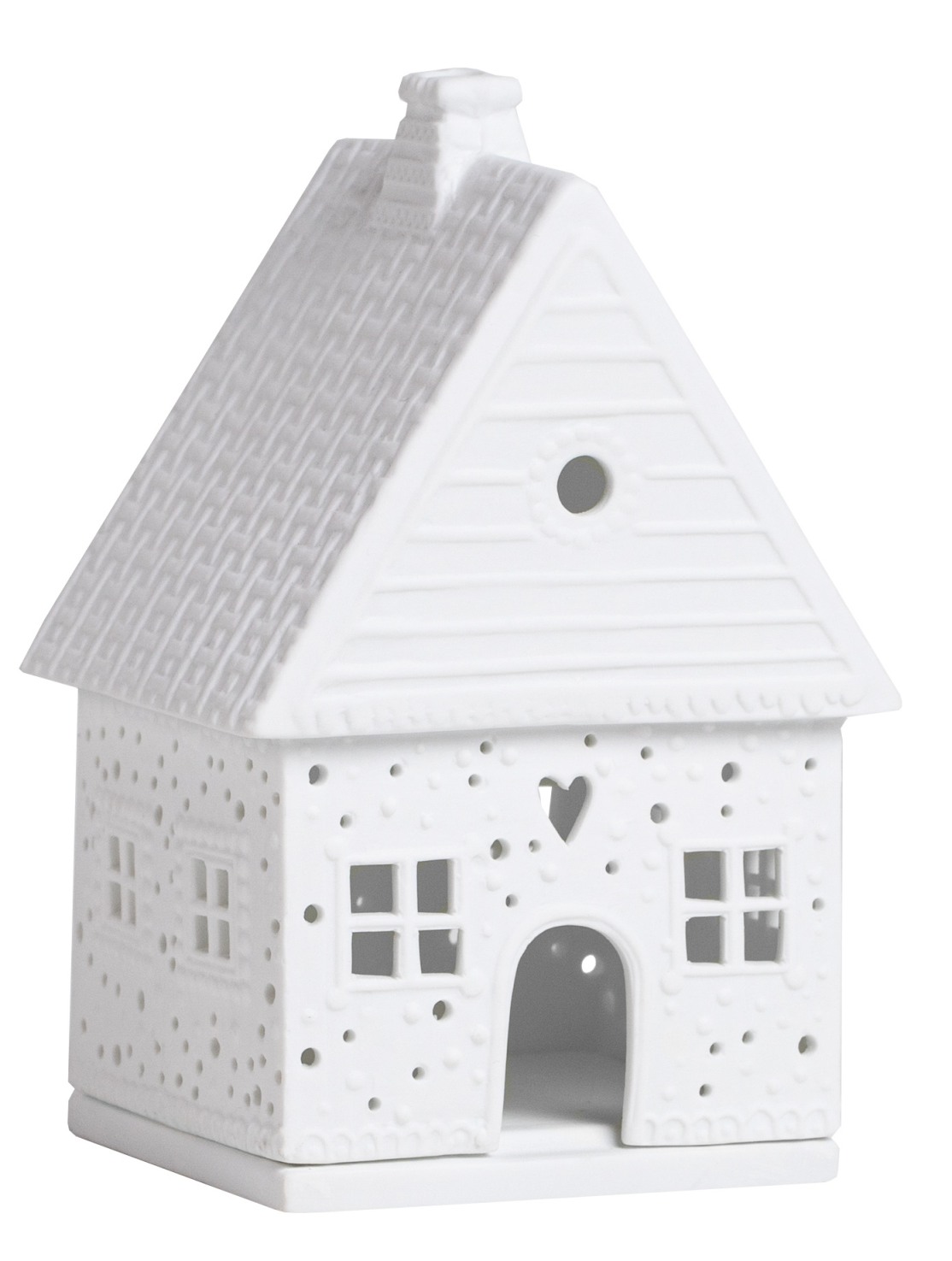 Detailaufnahme eines weißen Zuhause Lichthaus aus der Lebkuchen Räder Kollektion mit Herz und Fenster.