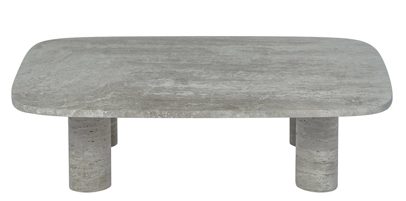 Blomus Volos Couchtisch aus Travertin, rechteckig mit abgerundeten Ecken und zylindrischen Beinen, modernes Wohnzimmer Möbel.