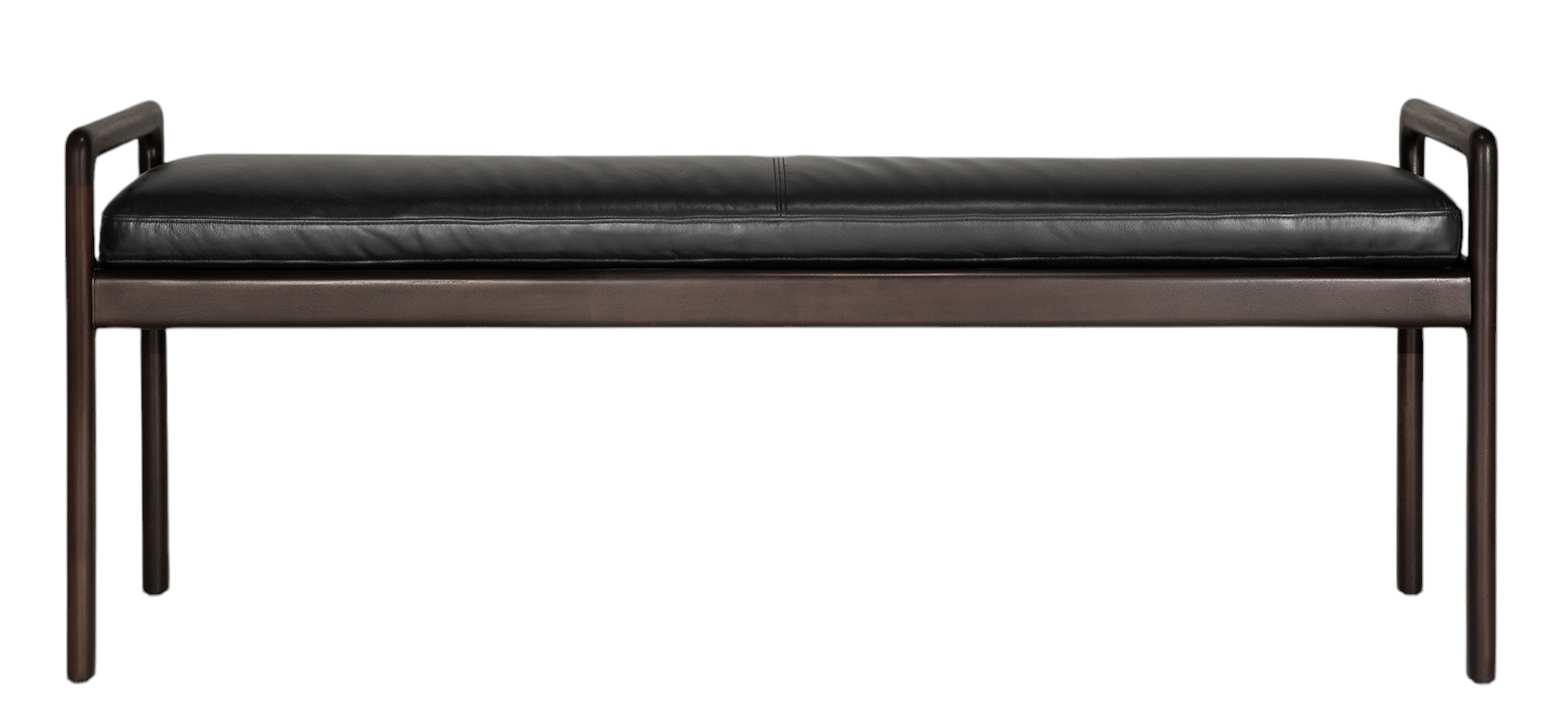 Jack Bank von Ethnicraft mit schwarzem Leder Sitzpolster und dunklem Holzgestell.