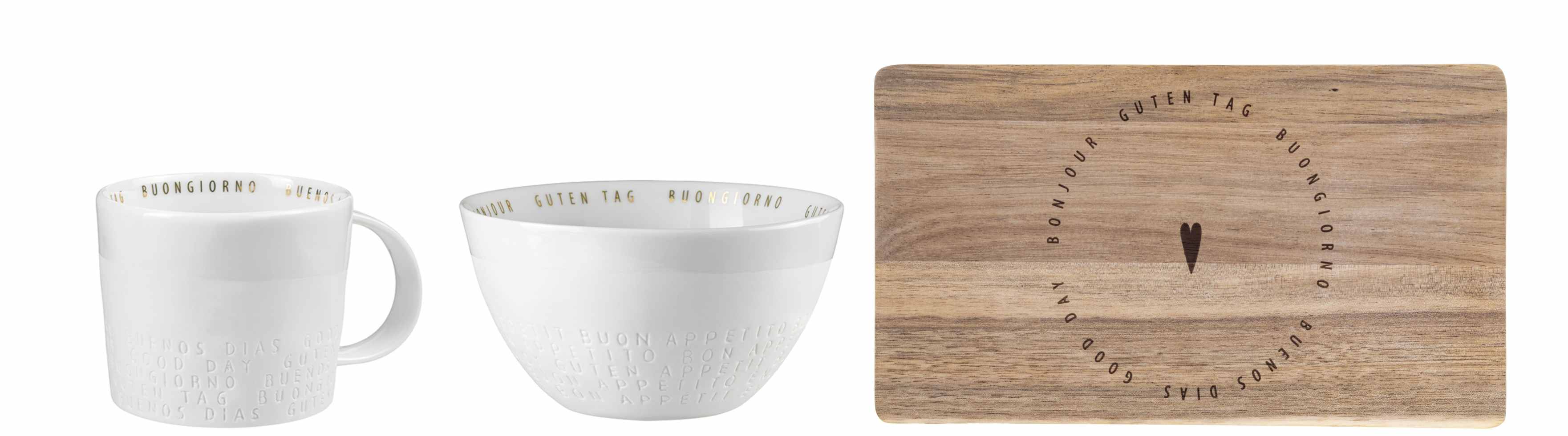 Guten Appetit 3er Set: Tasse, Schale und Holzbrett mit internationalen Grußbotschaften.