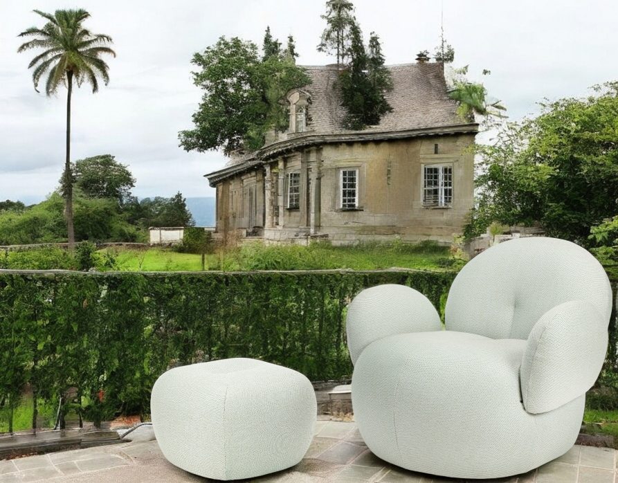 Heller Nana Outdoor Pouf mit Ottoman von Freifrau Manufaktur für Garten und Terrasse.
