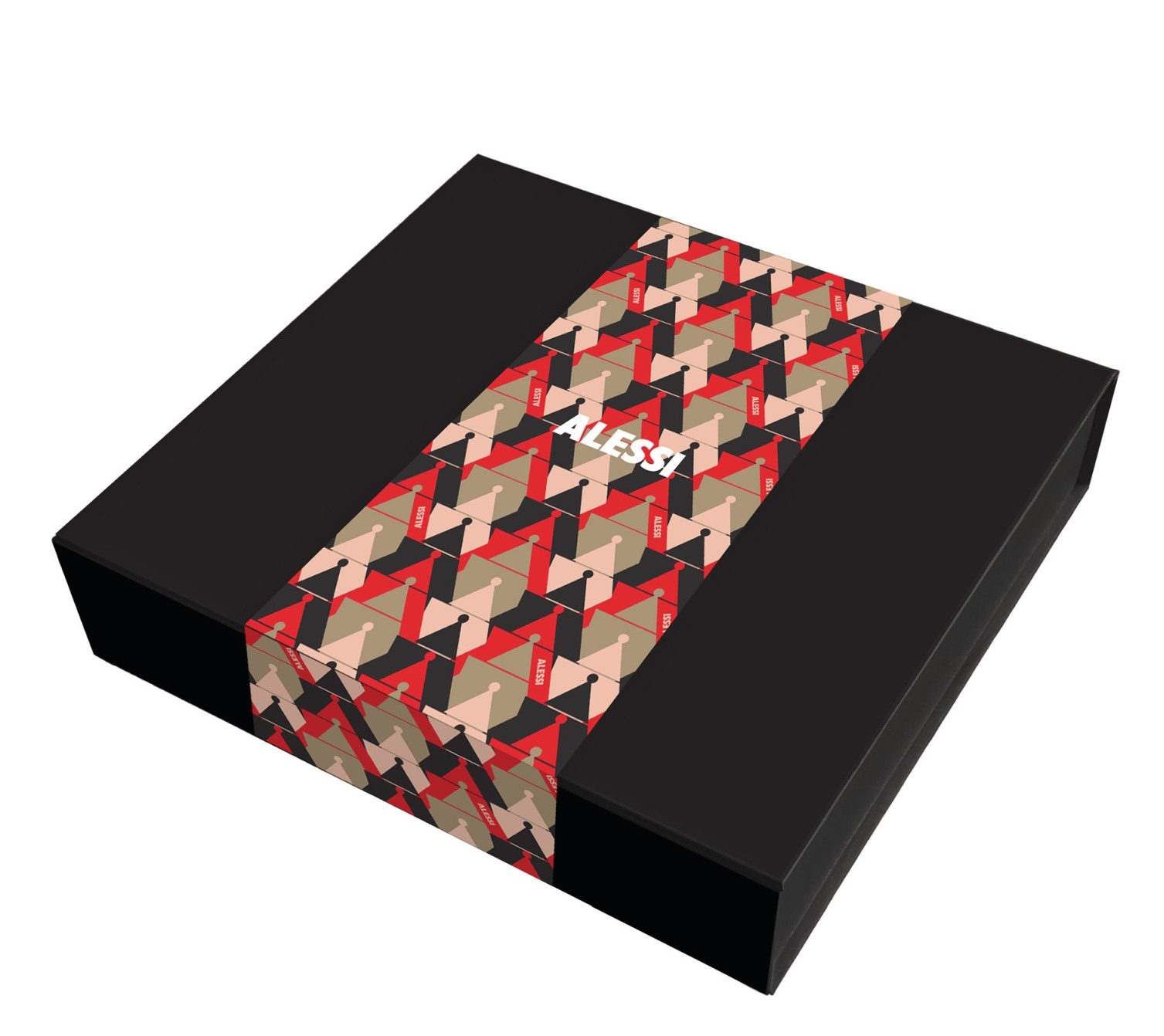 Schwarze Geschenkbox des Alessi & Wine Sets mit farbigem, geometrischem Musterband.