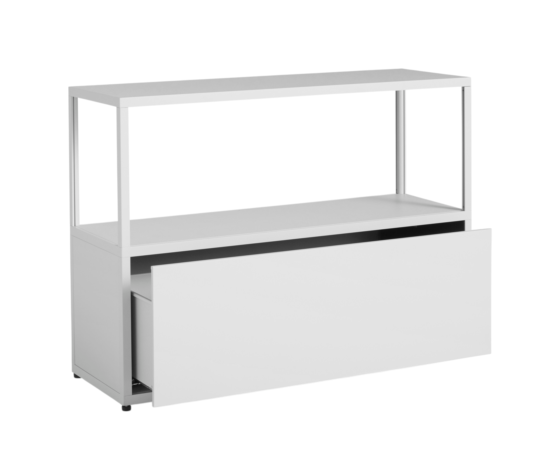 Weißes New Order Sideboard von Hay mit offener Schublade und Regalelement.