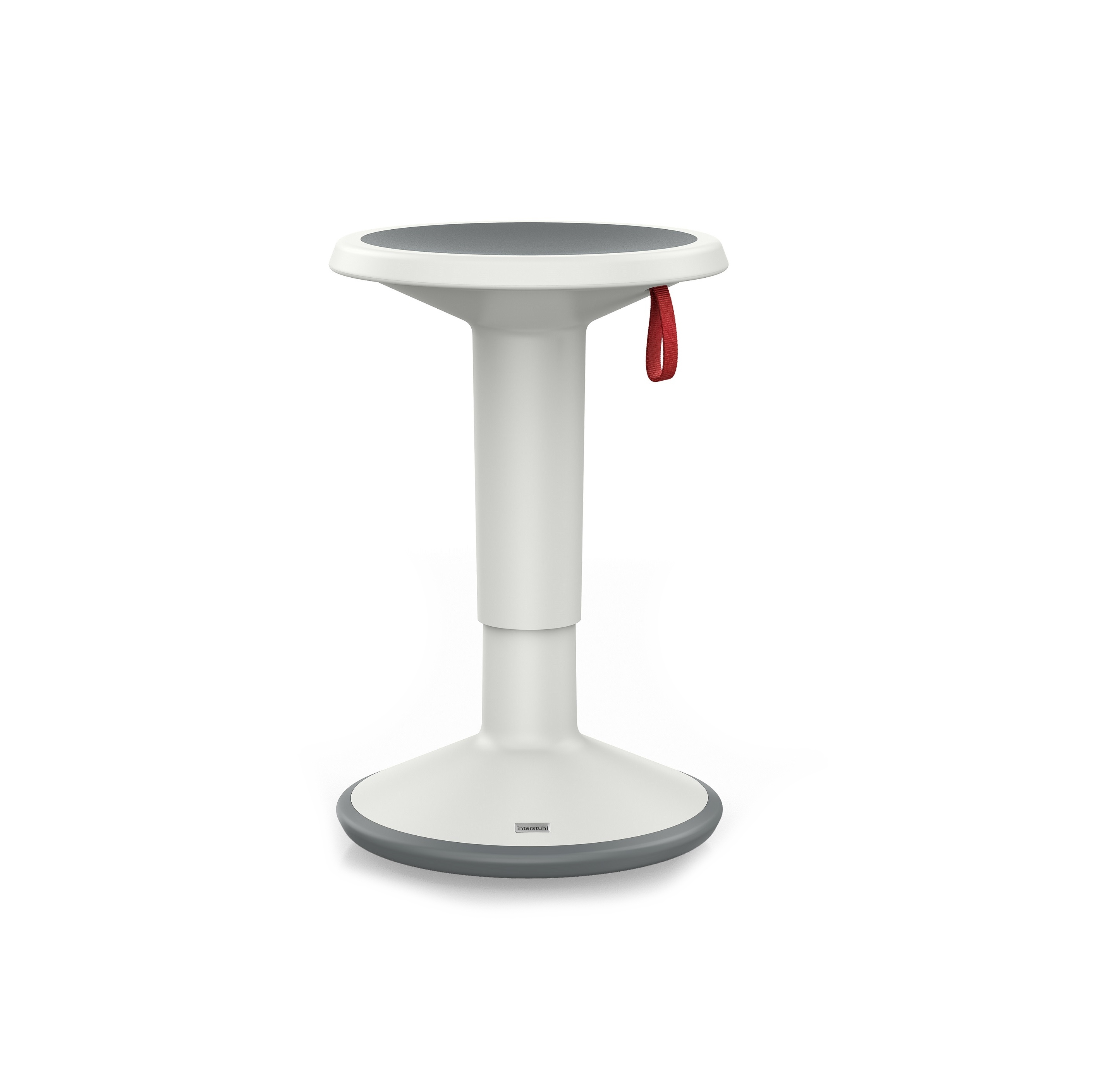 Weißer, ergonomischer Stehhocker mit grauem Sitz und roter Schlaufe für aktives Sitzen im Büro.