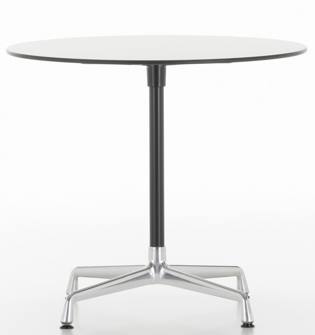 Runder Eames Contract Table von Vitra mit weißer Tischplatte und silbernem Fußkreuz.