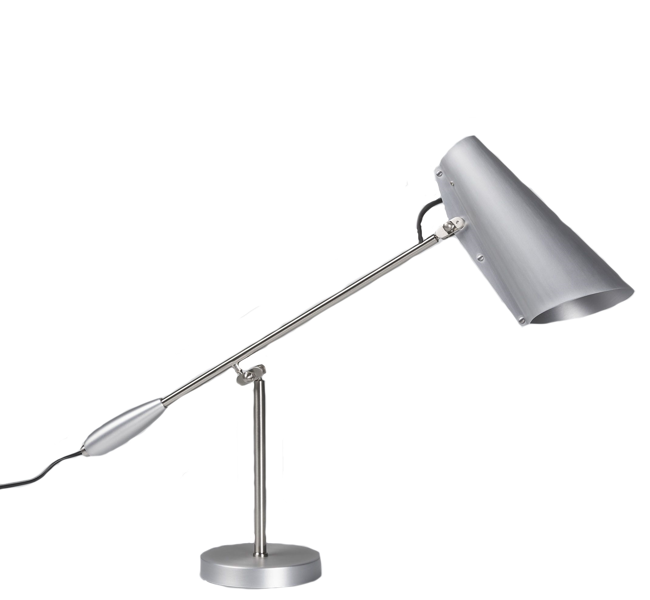 Silberne Birdy Tischleuchte, 70th Anniversary Edition, mit verstellbarem Arm und konischem Lampenschirm.