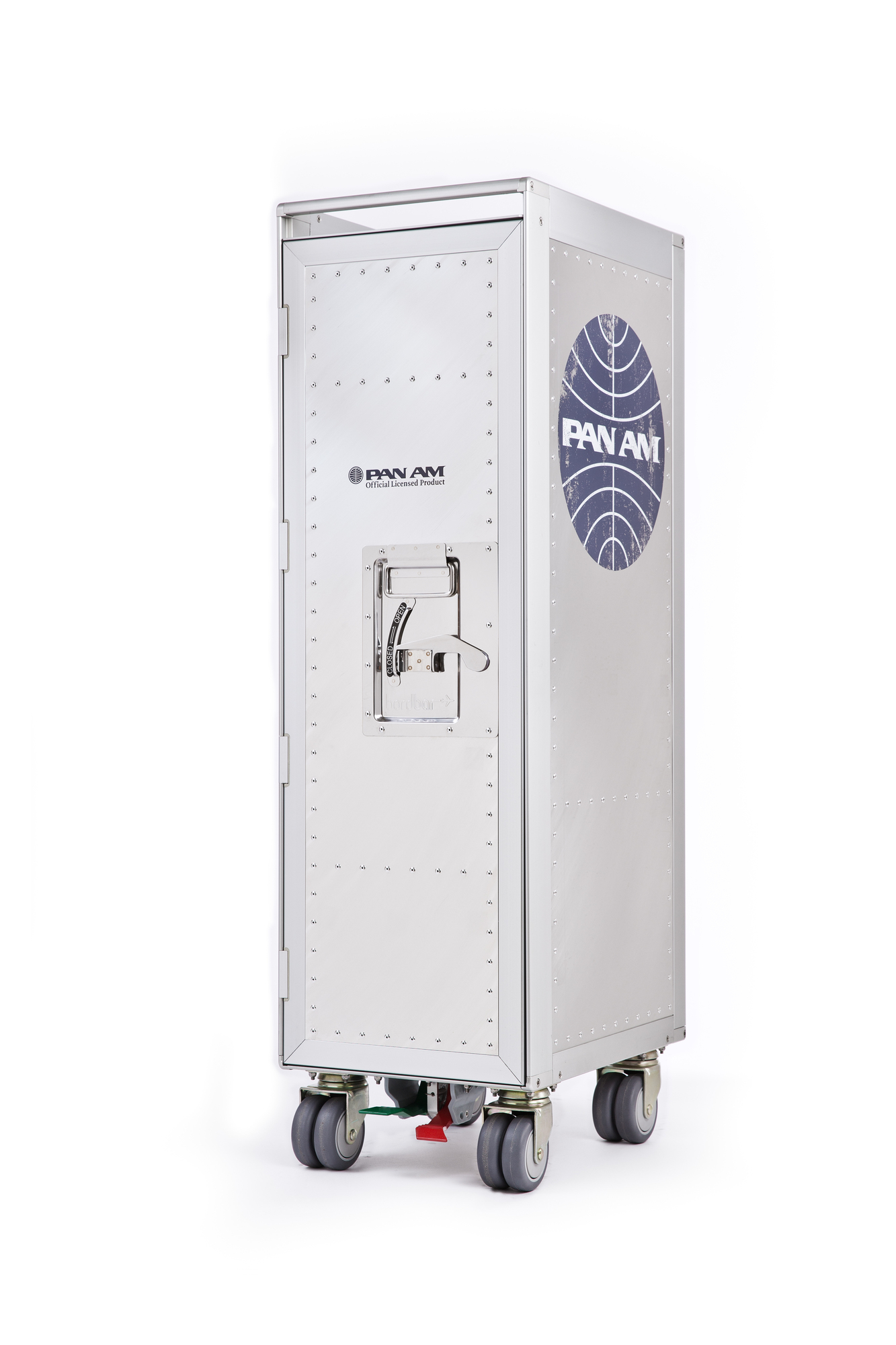Silberner Flugzeugtrolley im PanAm-Design mit Rädern, ideal als Bordbar oder Design-Möbel.