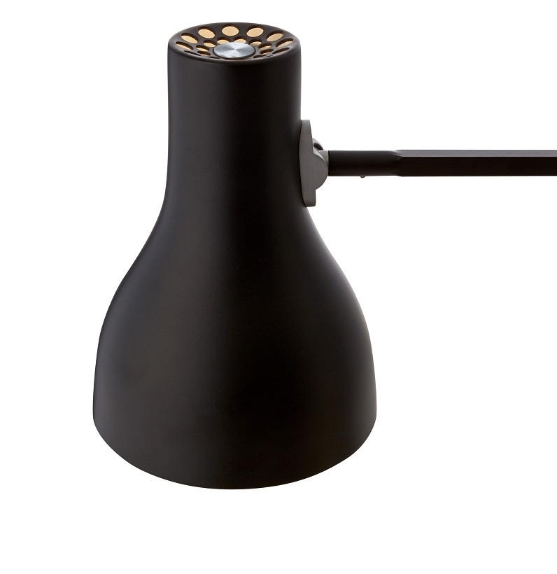 Detailaufnahme der Anglepoise Type 75 Stehleuchte in Schiefergrau, moderner Lampenschirm und verstellbarer Arm.