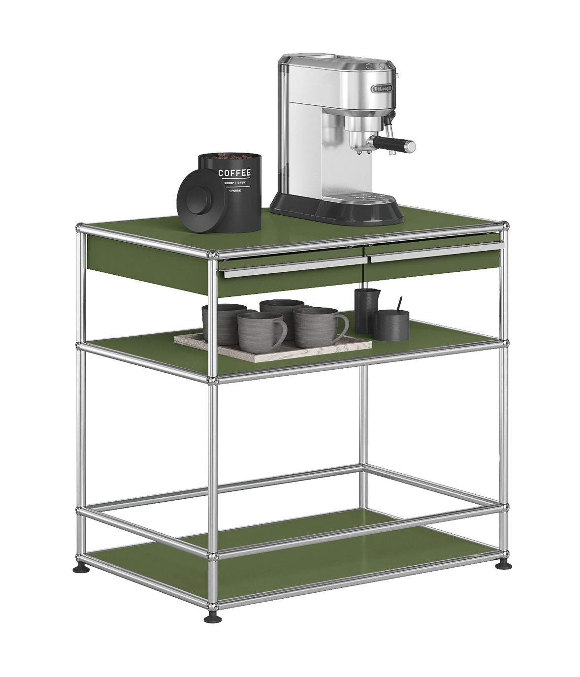 USM Haller Bartisch in Olivgrün mit Kaffeemaschine und Tassen auf zwei Ebenen.