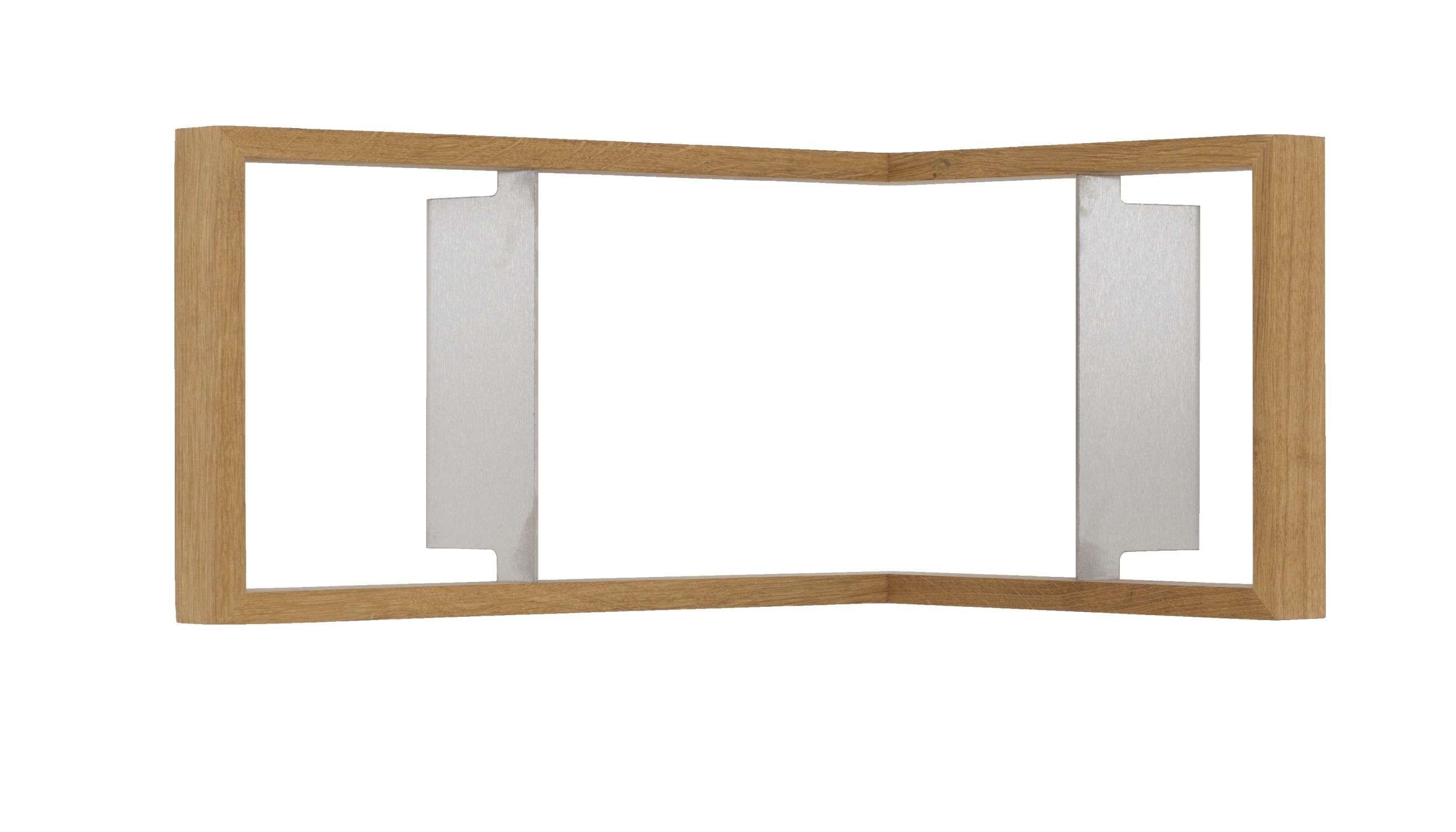 Eckiges Wandregal "b-eck" aus Eiche mit silbernen Halterungen, modernes Design für Wohnzimmer und Büro.