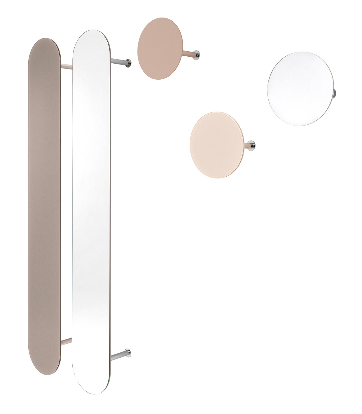 Slot Hängegarderobe von Schönbuch: Moderne Wandgarderobe mit Spiegel und runden Kleiderhaken in Beige.