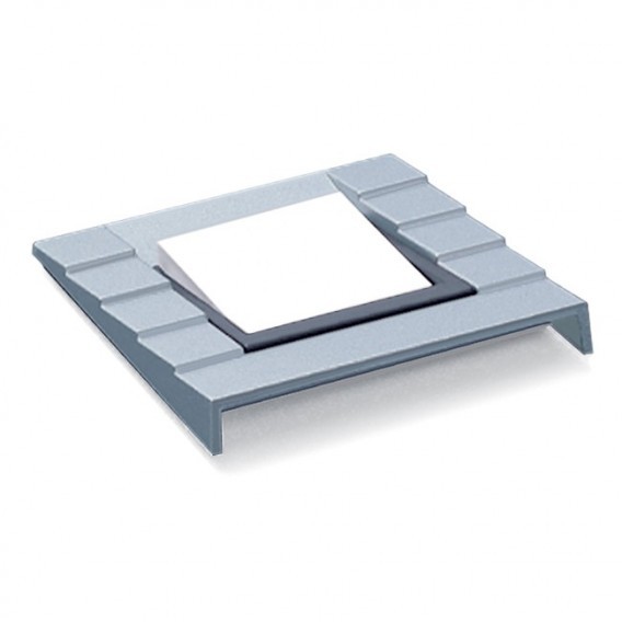 Graue Rexite Zettelbox mit Stufen-Design und weißem Zettelblock. Büroaccessoire für Notizen und Organisation.