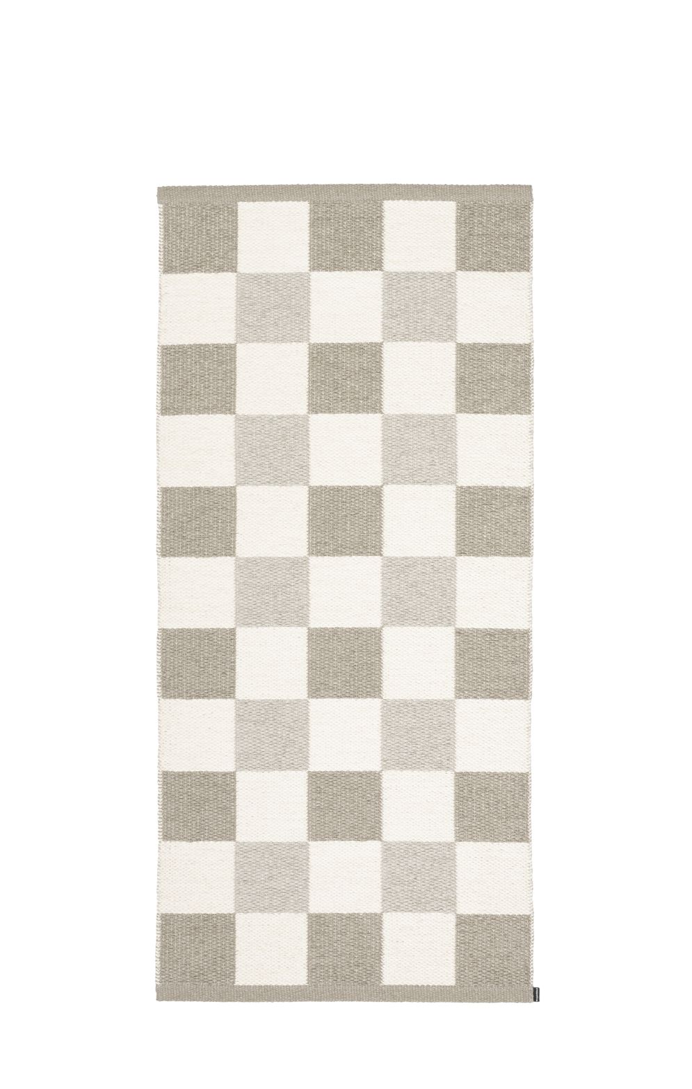 Pappelina Pix Teppich 70x160cm Dark Linen: Schachbrettmuster in Grau und Weiß, gewebter Teppich.