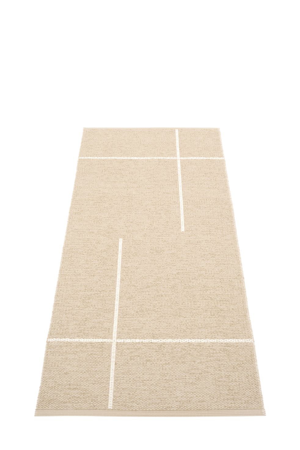 Beiger Pappelina Teppich "Fred" 70x180cm mit weißem Linienmuster, ideal für Wohnzimmer und Flur.