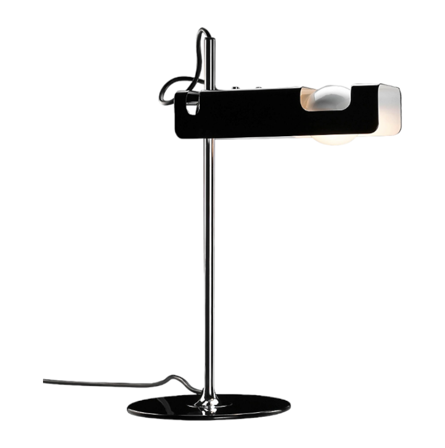 Schwarze Oluce Spider Tischleuchte mit Chromfuß und warmweißem Licht für den Schreibtisch.