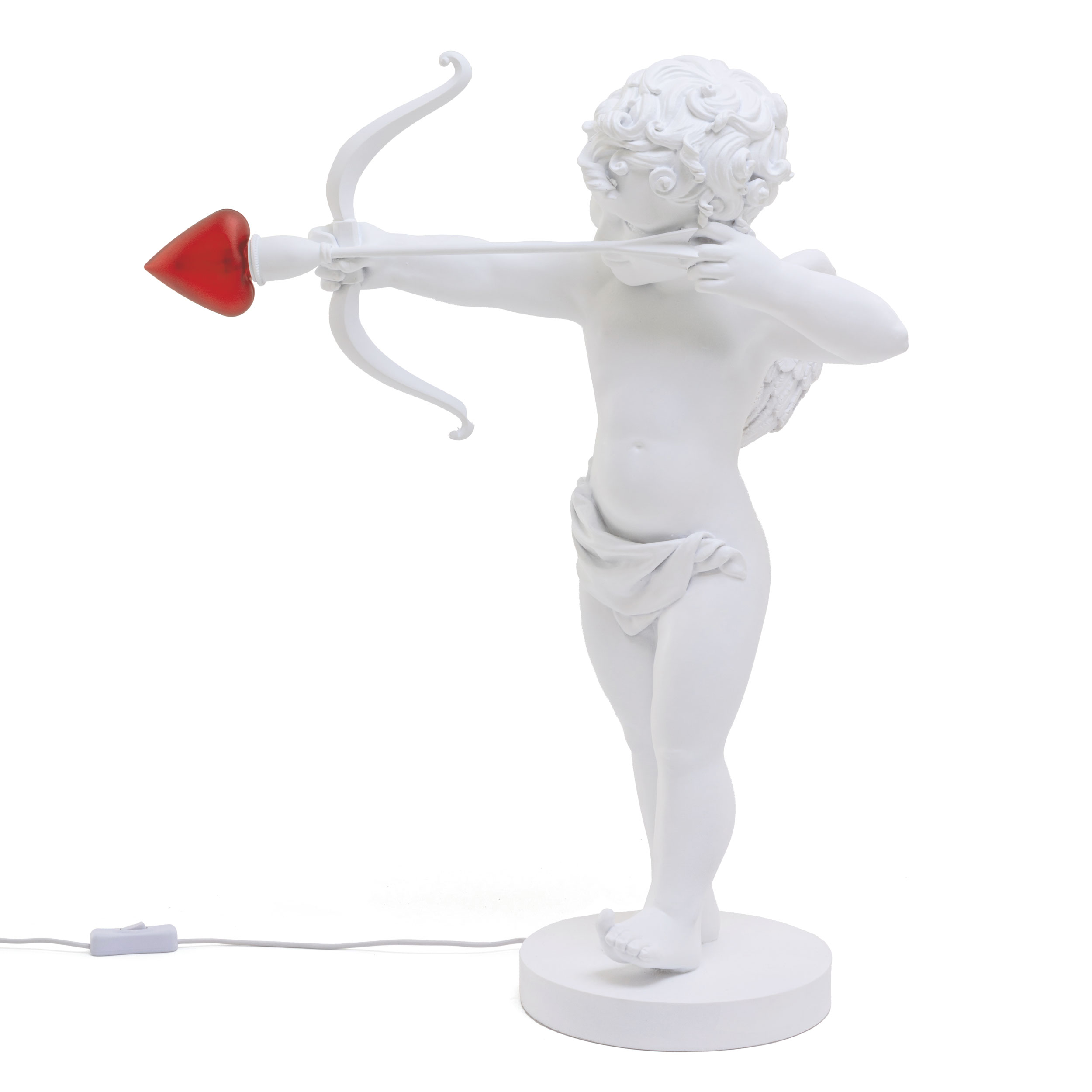 Weiße Cupid Lampe von Seletti, Amor mit Pfeil und Bogen als Tischleuchte.
