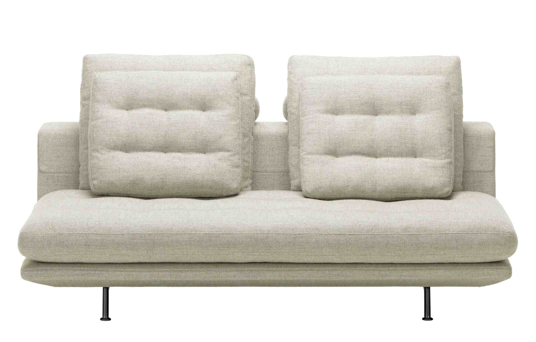 Vitra Grand Sofa, 2,5-Sitzer in Beige mit zwei Kissen und schwarzen Füßen.
