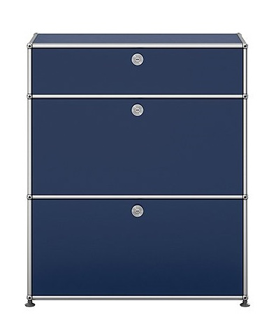 USM Haller Highboard in Stahlblau mit zwei Klappen und verchromtem Gestell, modernes Designmöbel für Wohnen und Büro.