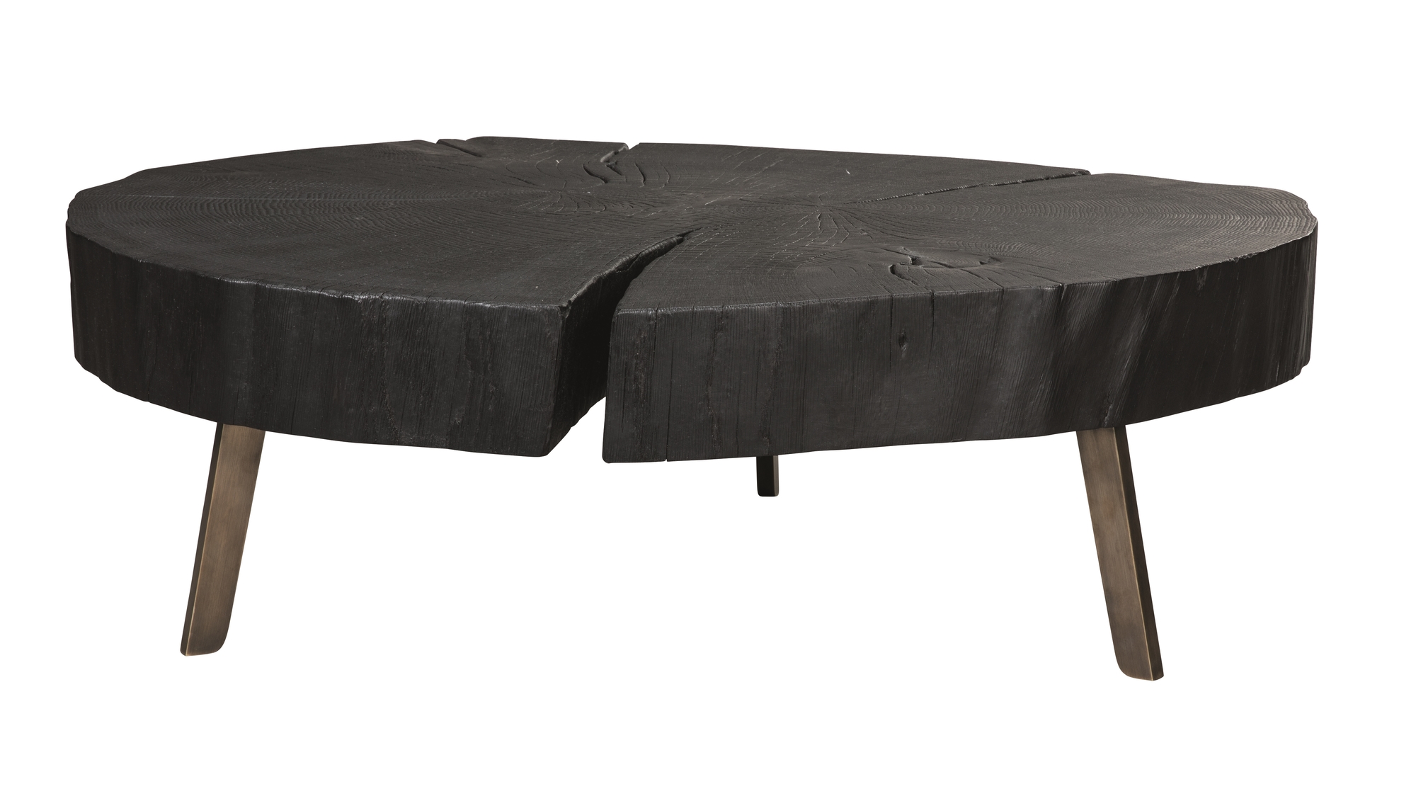 Stomp Beistelltisch H28 geköhlt: Runder, schwarzer Holztisch mit drei Metallbeinen, rustikal und modern.