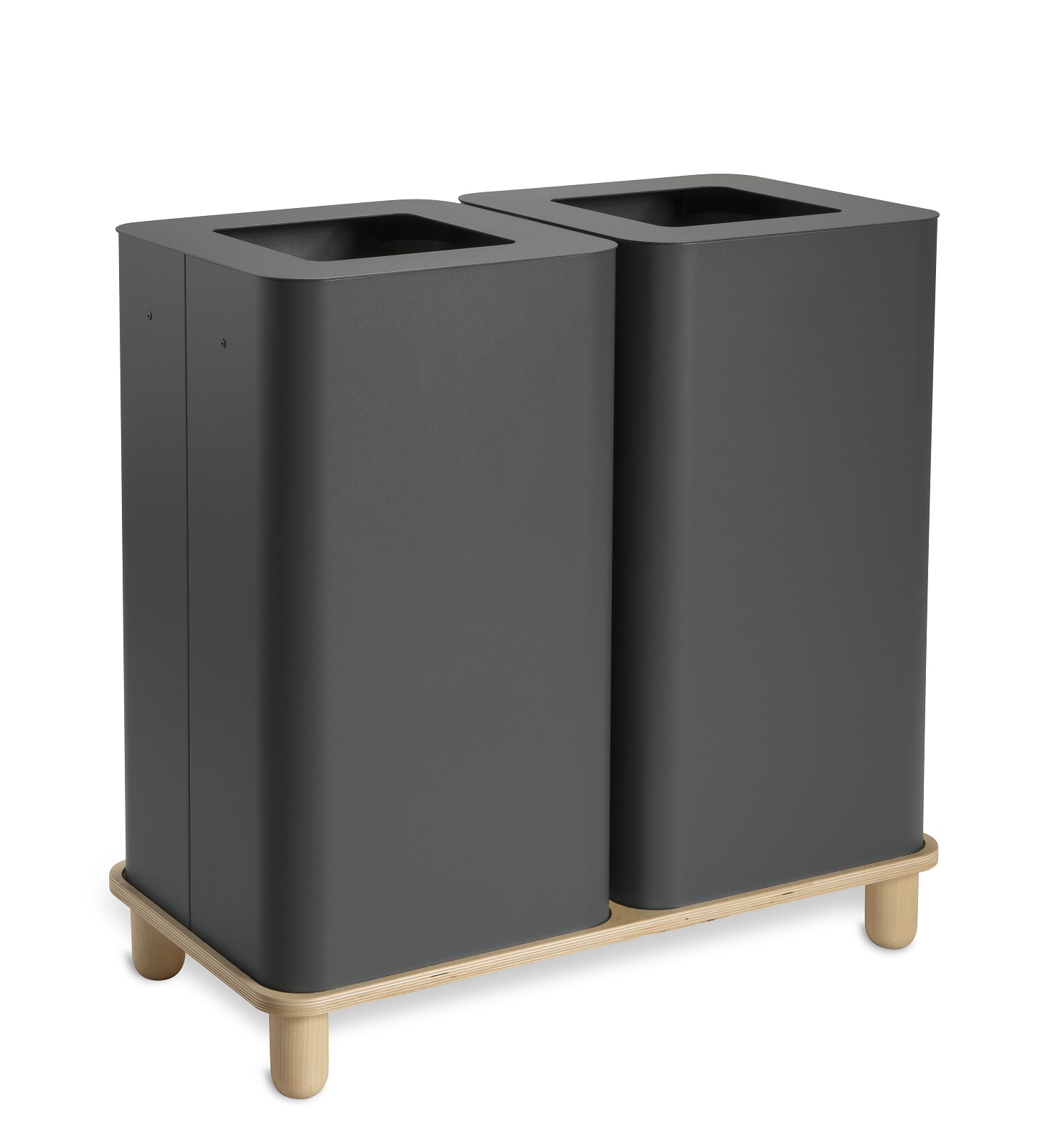 Arkad Bin Mülleimer für Mülltrennung: Grauer, doppelter Abfallbehälter auf Holzgestell für Büro und Zuhause.