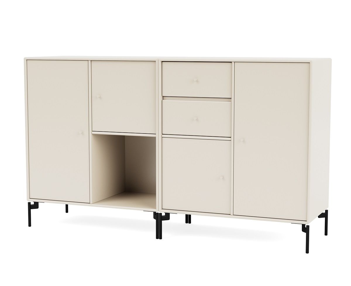 Beiges Sideboard "Couple" mit schwarzen C-förmigen Füßen, Schubladen und Türen. Modernes Möbelstück für Wohnzimmer.