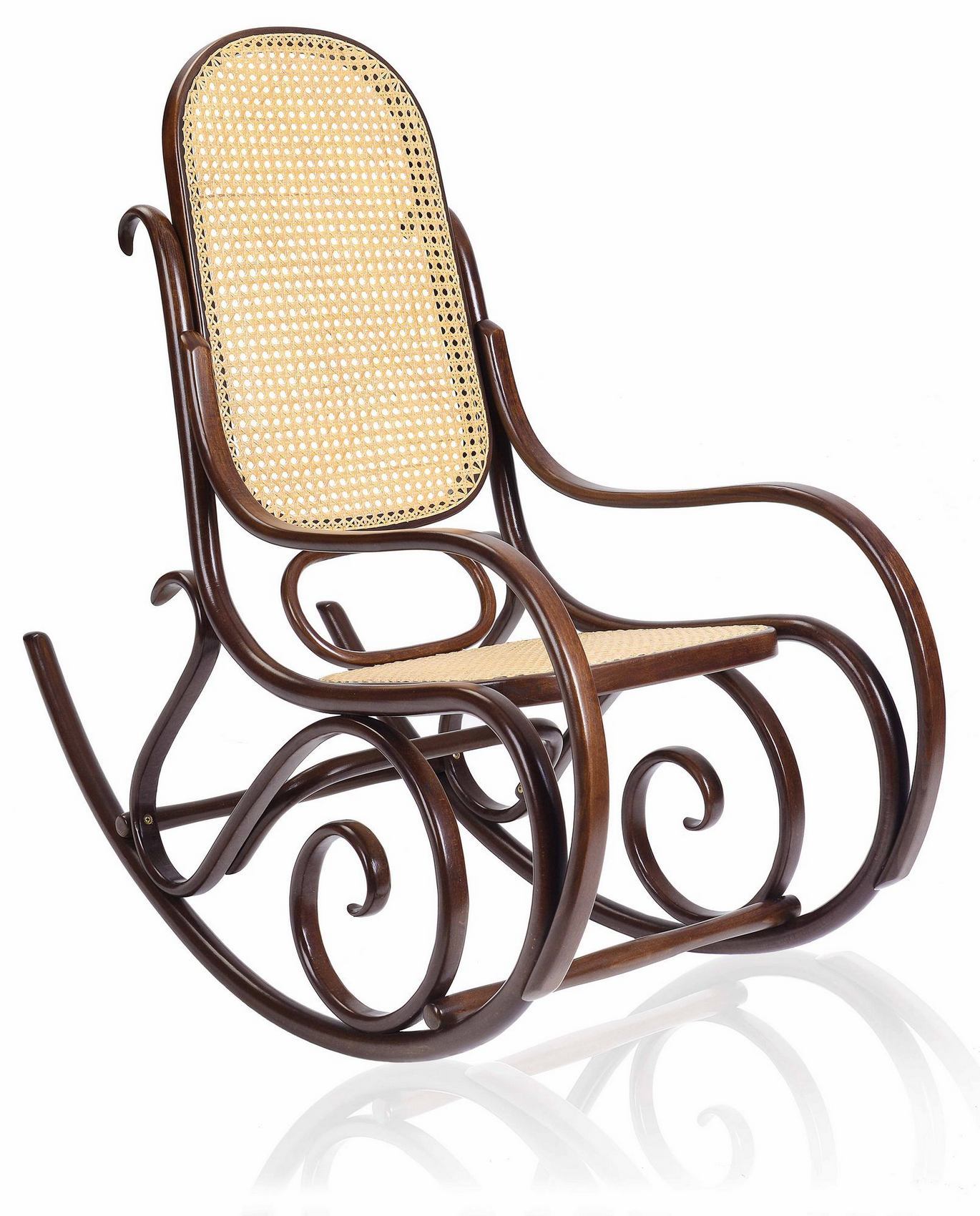 Brauner Wiener Schaukelstuhl mit Rohrgeflecht-Sitz und Rückenlehne, elegantes Design für entspannte Stunden.