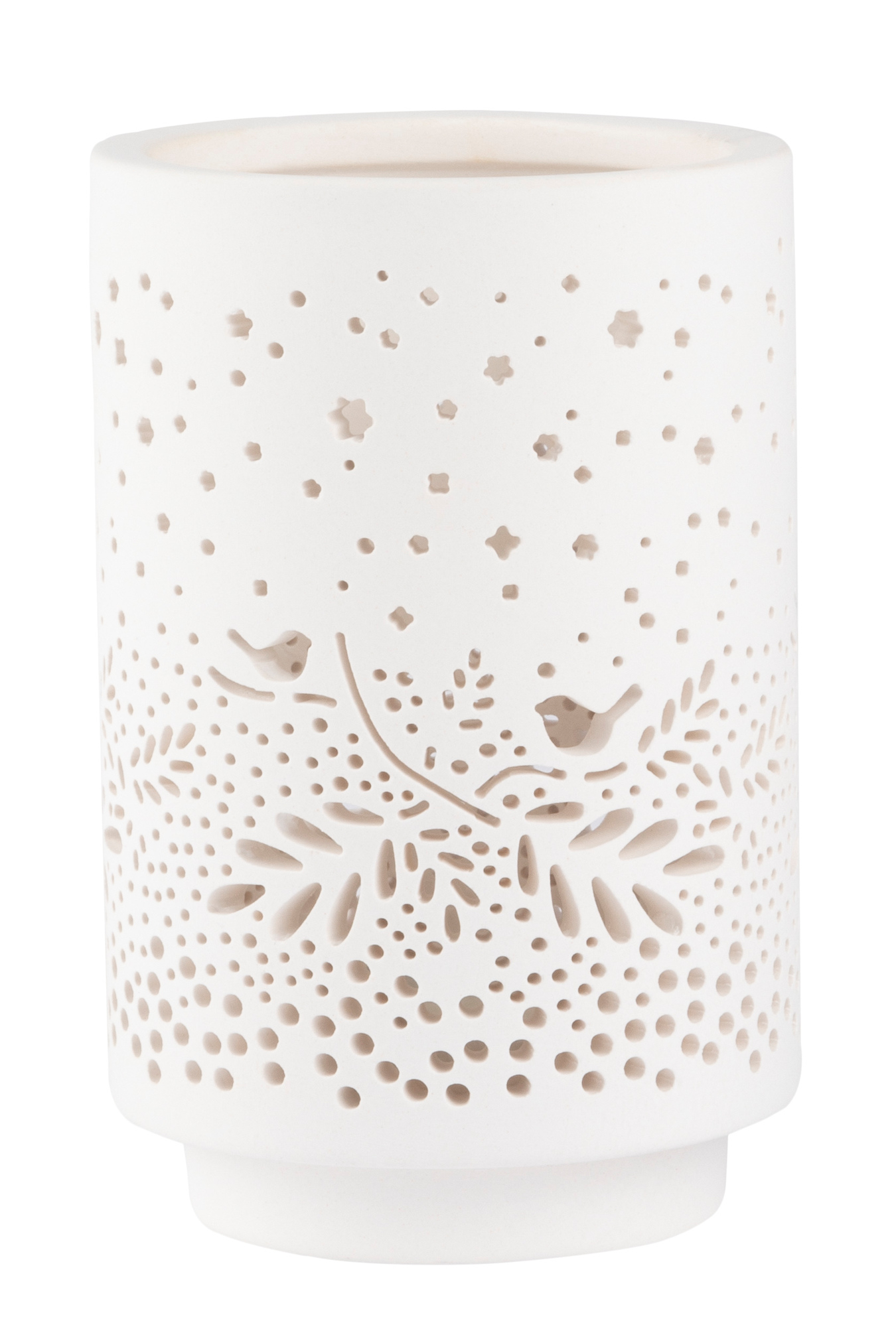 Weißes Living Licht Räder Windlicht mit Vogel- und Blumenmuster, geeignet für Teelichter.