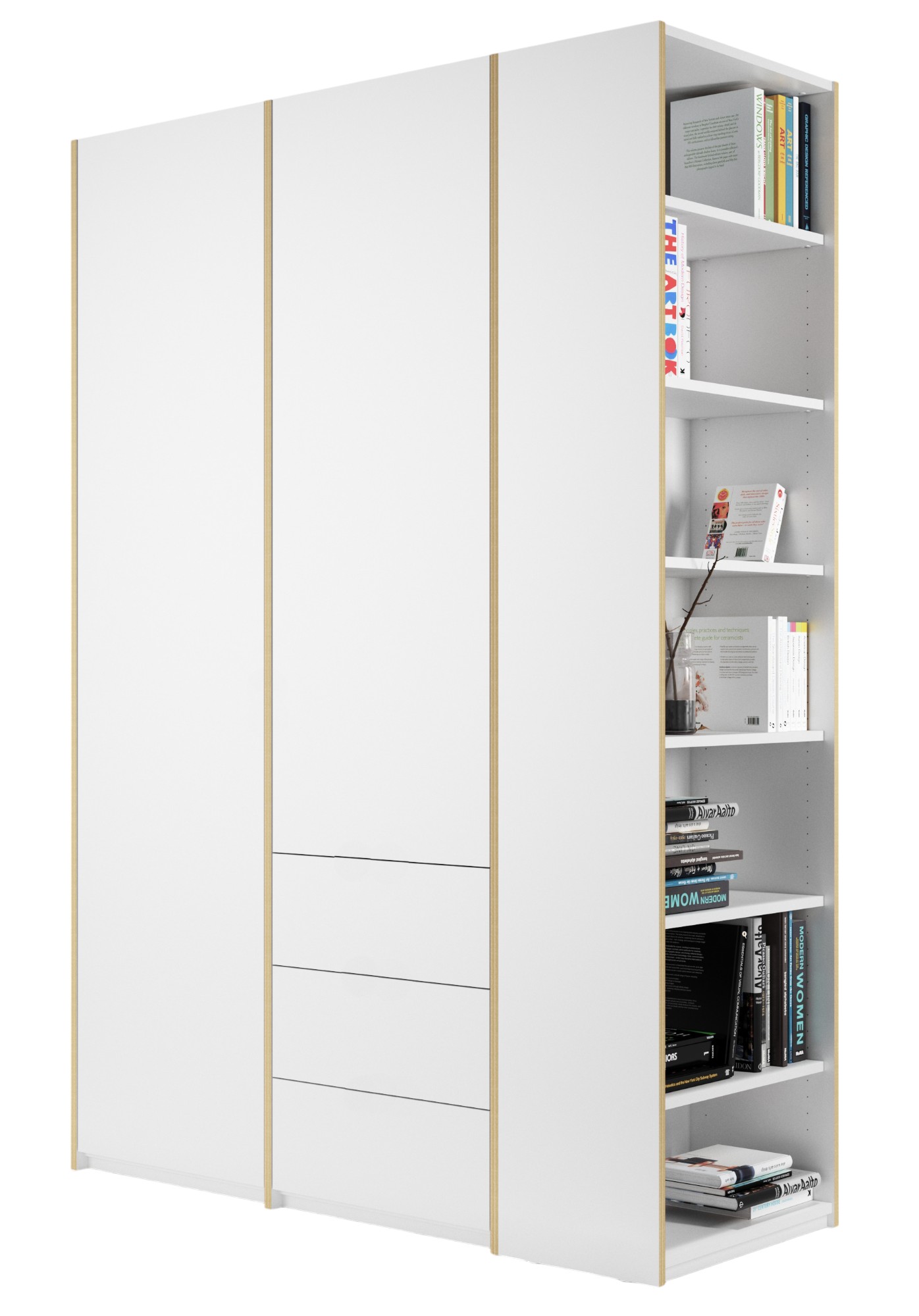 Weißer MODULAR PLUS Schrank von Müller Möbelwerkstätten mit Anbauregal und drei Schubladen.