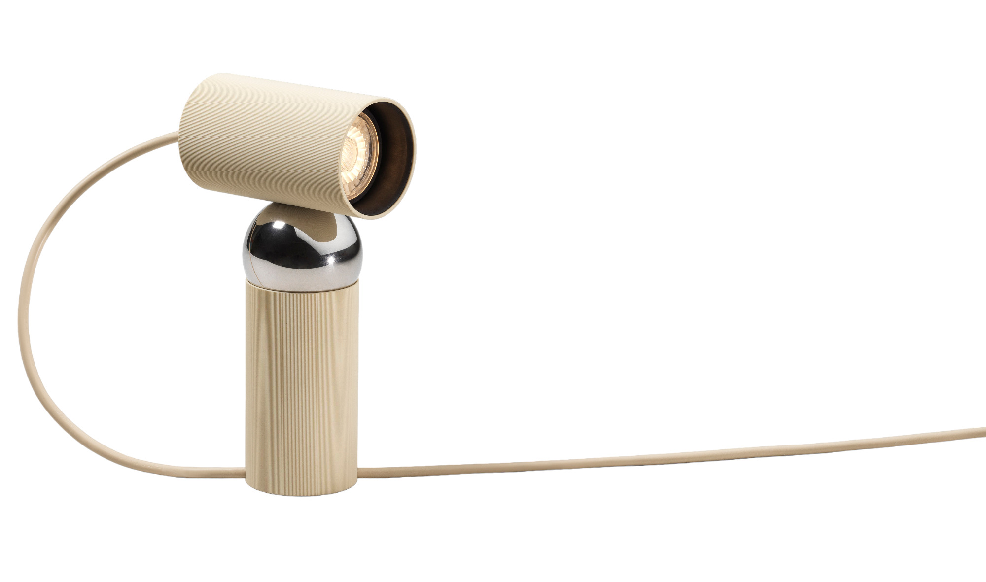 Bilboquet Tischleuchte Flos Linen: Moderne Nachttischlampe in Beige mit verstellbarem Leuchtenkopf.