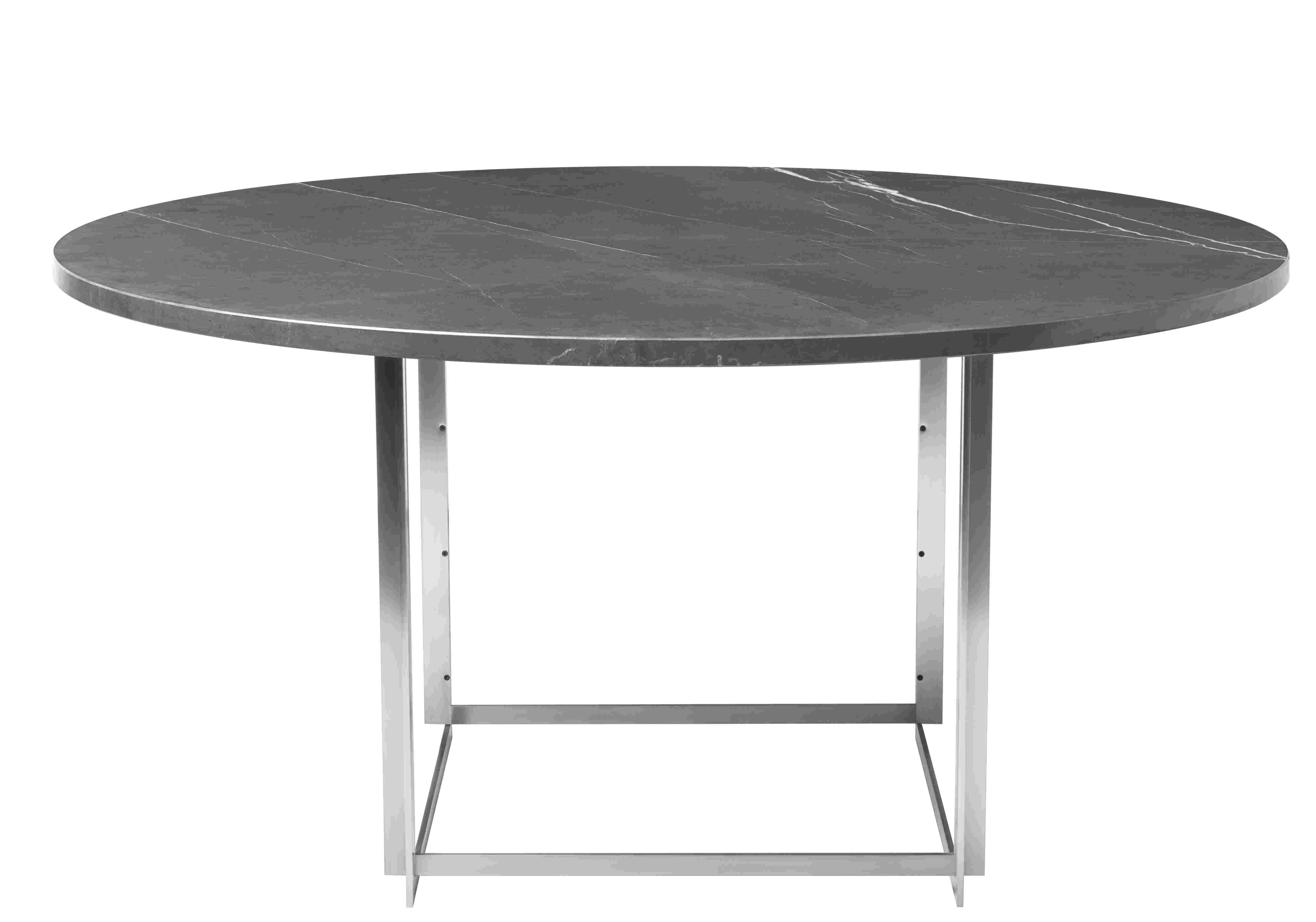 PK54 Esstisch von Fritz Hansen, 140 cm, mit runder, grauer Marmorplatte und Stahlgestell.