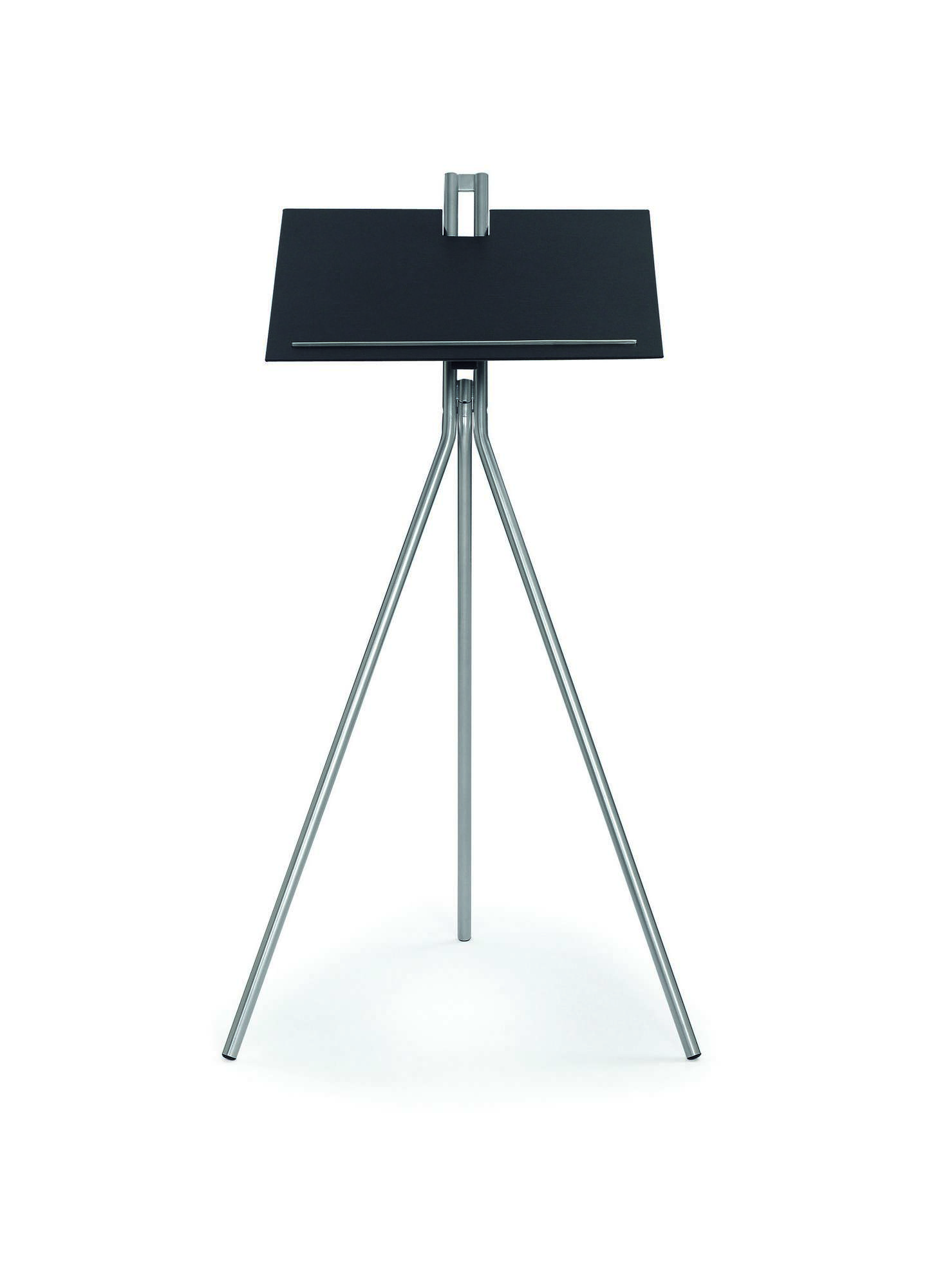 Notos Stehpult mit schwarzer Arbeitsfläche und silberfarbenem Stativ, ideal für Büro und Homeoffice.