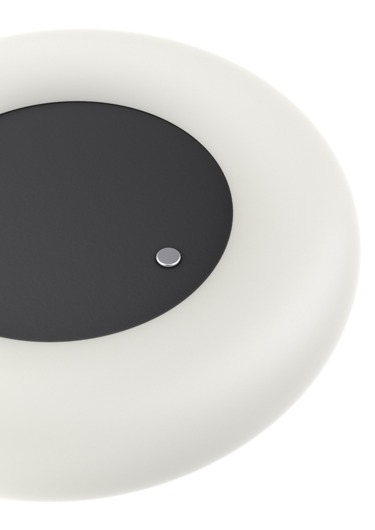 Detailaufnahme der Oto Stehleuchte von Belux mit rundem, schwarzem Fuß und hellem, weißem Licht.