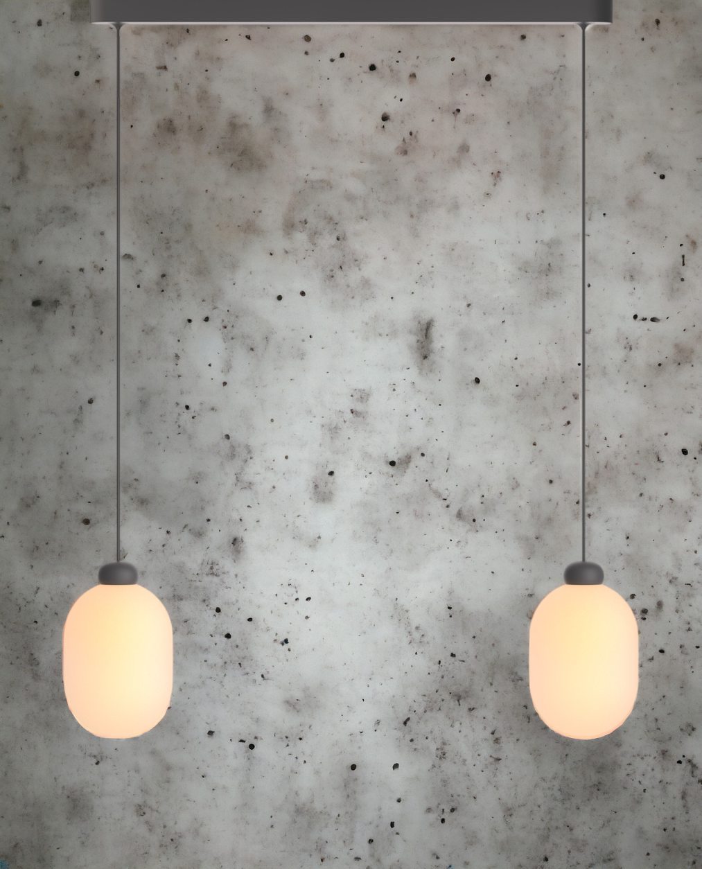 Sun Duo Pendelleuchte in Grau: Moderne Hängelampe mit zwei leuchtenden, ovalen Glaskörpern.