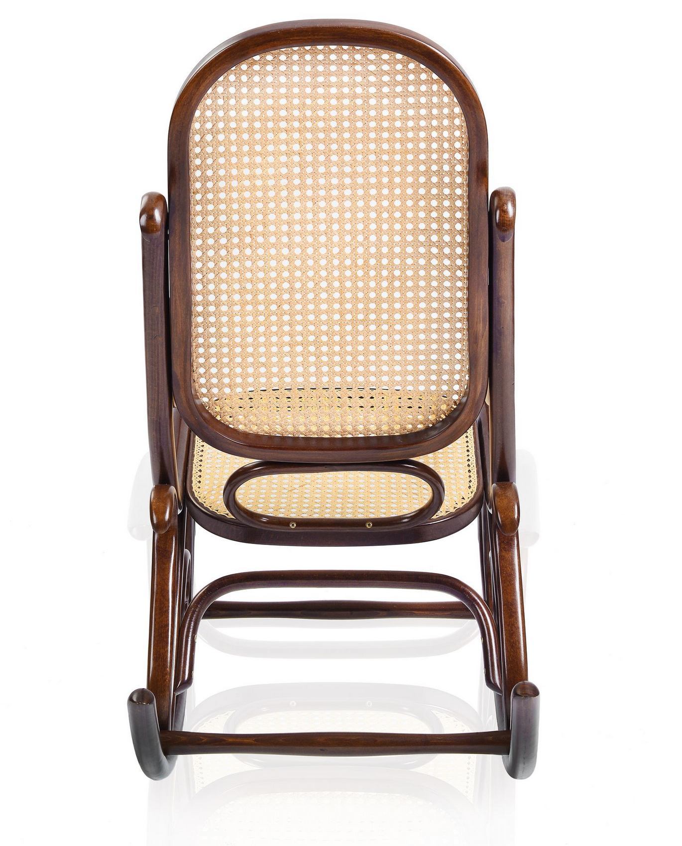 Ansicht von hinten: Dunkelbrauner Wiener Schaukelstuhl mit Wiener Geflecht für entspanntes Sitzen.