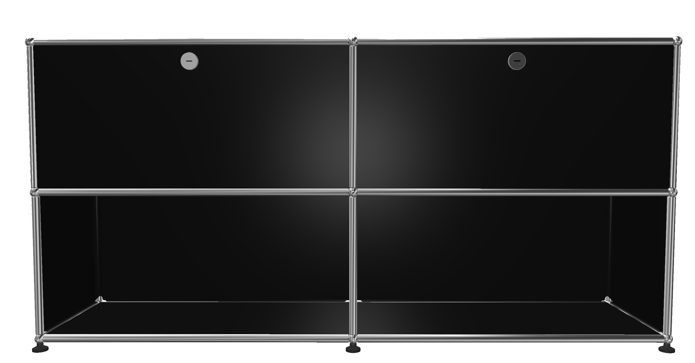 USM Haller Sideboard in Graphitschwarz mit zwei Klappen und offenen Fächern für stilvolle Aufbewahrung.