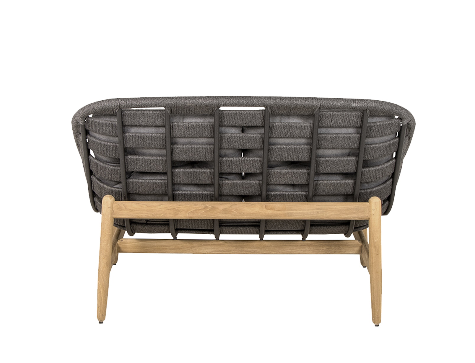 Rückansicht des Cane-Line Strington Outdoor Sofas in Dunkelgrau mit Teakholzrahmen. Gartenmöbel für Terrasse.