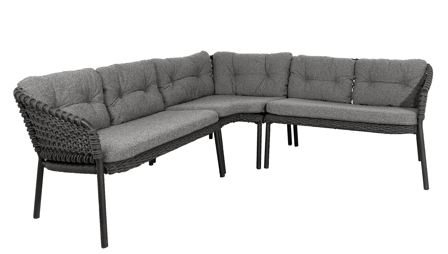 Ocean Eckmodul Sofa von Cane-Line für den Outdoor-Bereich mit grauen Polstern.