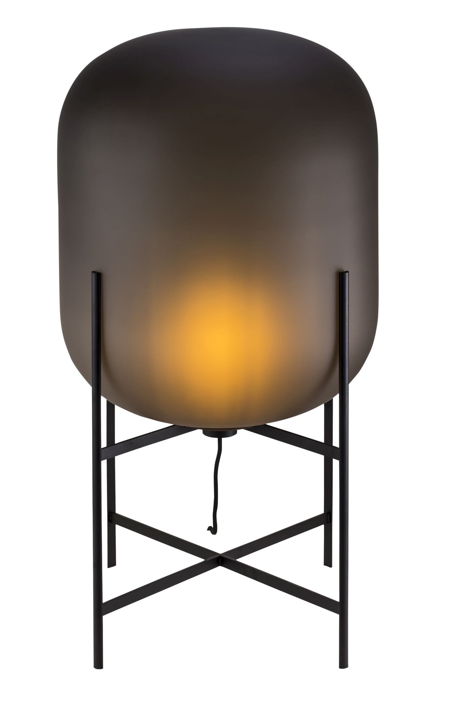 Oda Stehleuchte Medium: Rauchgraue, satinierte Glasleuchte auf schwarzem Metallgestell, warmes Licht.