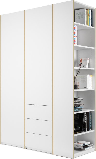 Weißer MODULAR PLUS Schrank mit Anbauregal rechts und drei Schubkästen von Müller Möbelwerkstätten.