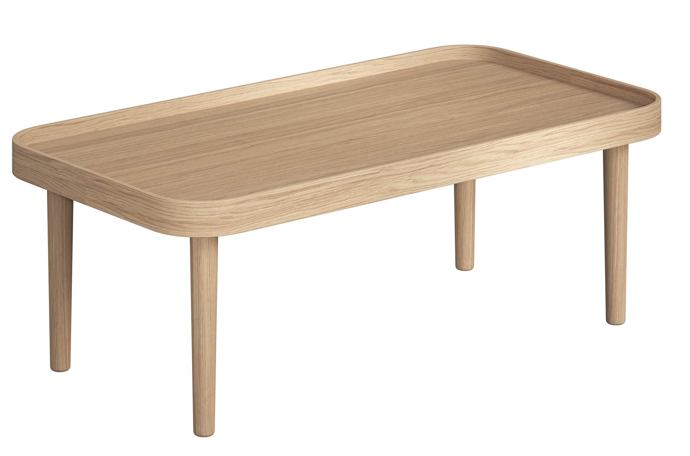 Serena Couchtisch von Novoform aus hellem Eichenholz mit abgerundeten Kanten und vier Beinen.