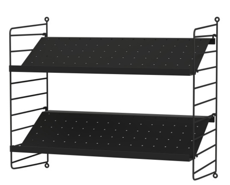 Schwarzes String Regal mit zwei Böden für Flur oder Wohnzimmer. Wandregal System.