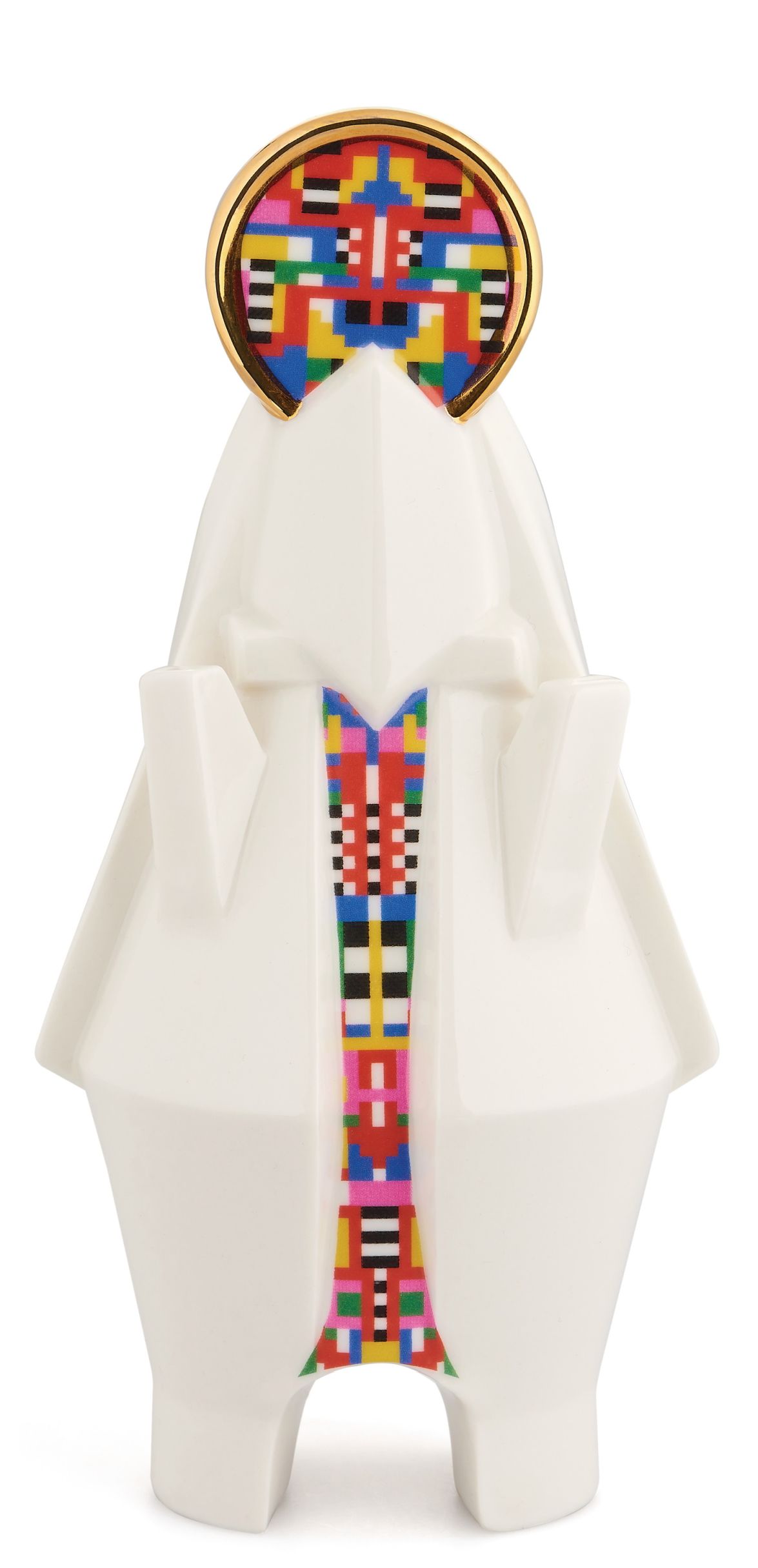 Alessi Mary Porzellanfigur mit bunten Mustern und goldenem Heiligenschein, ein dekoratives Sammlerstück.