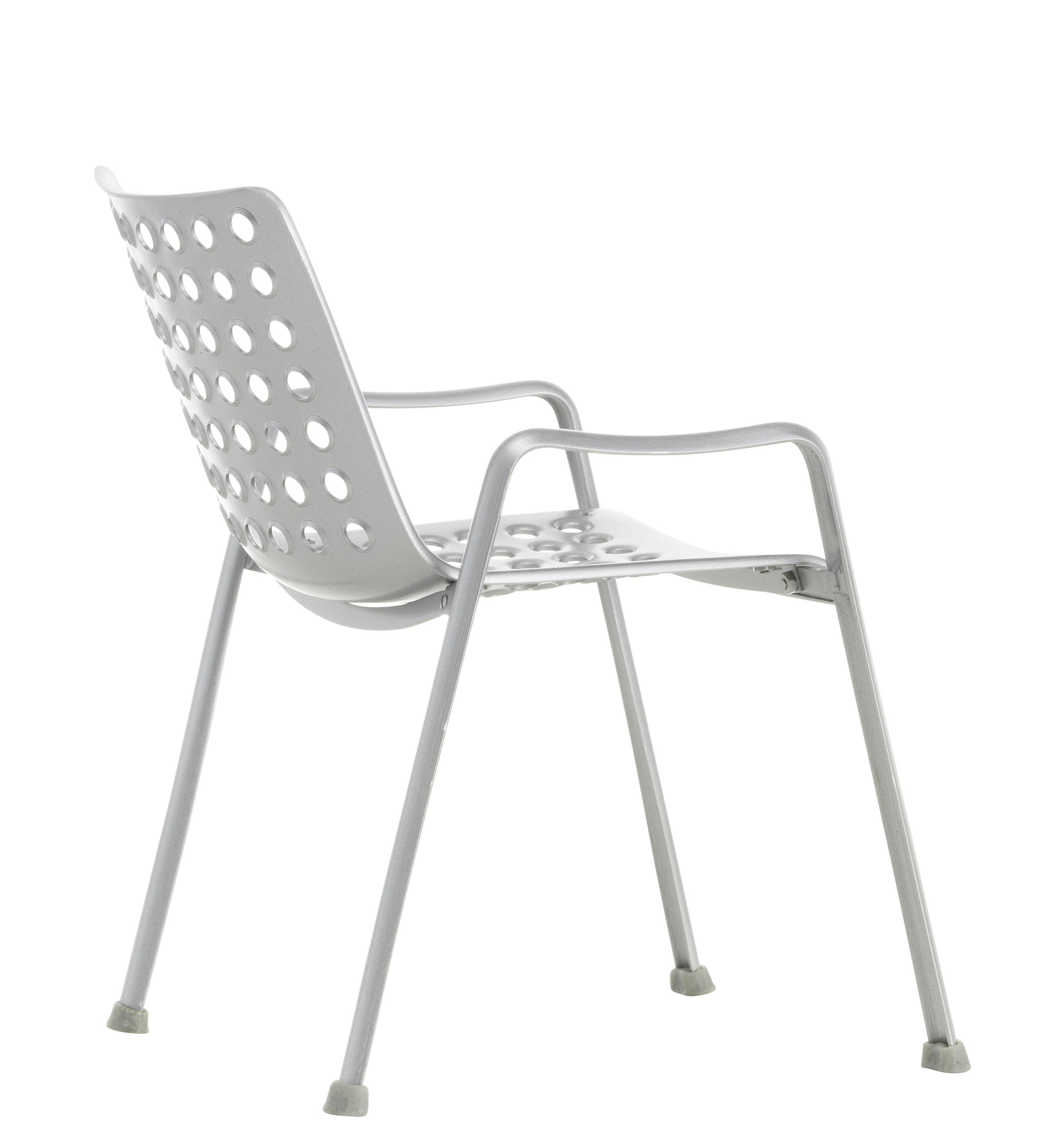 Silberner Landi Stuhl mit Armlehnen, Miniatur Design von Vitra, perforierte Sitzfläche und Rückenlehne.