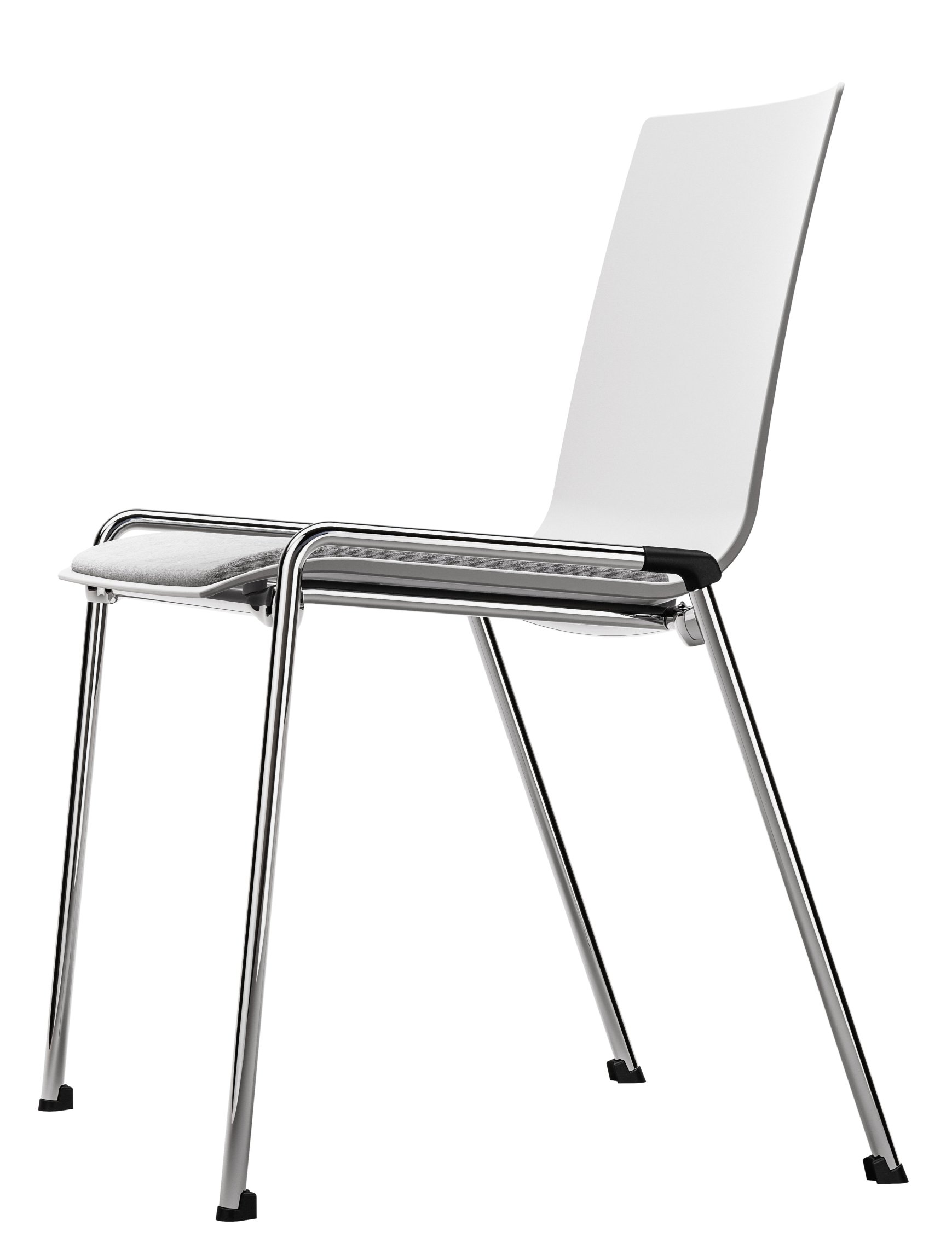 Thonet S 260 SP Stuhl: Weißer Besucherstuhl mit Chromgestell und grauem Spiegelpolster.