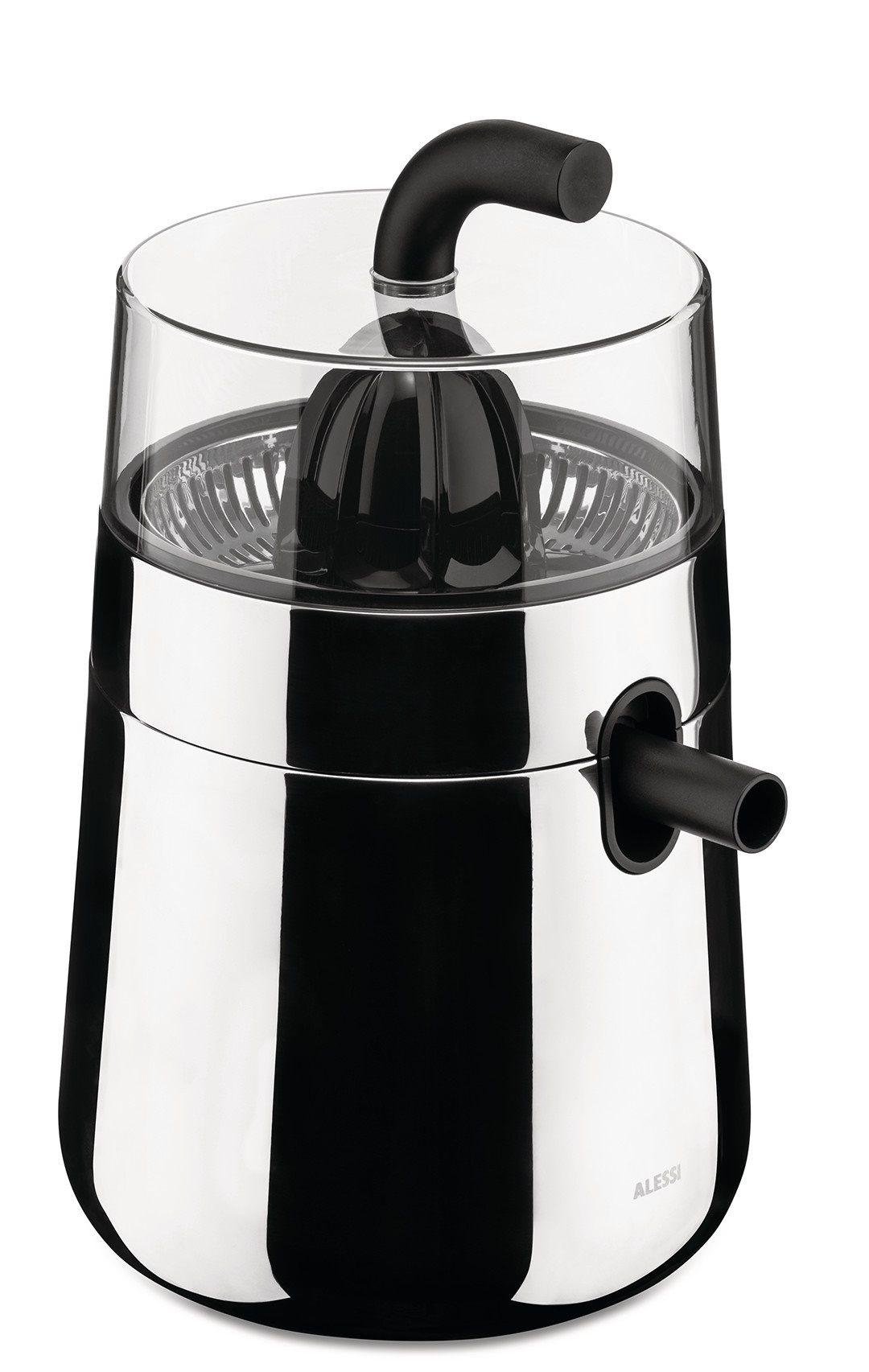 Alessi NE02 B Toru elektrische Zitronenpresse aus Edelstahl und Glas für frischen Saft.